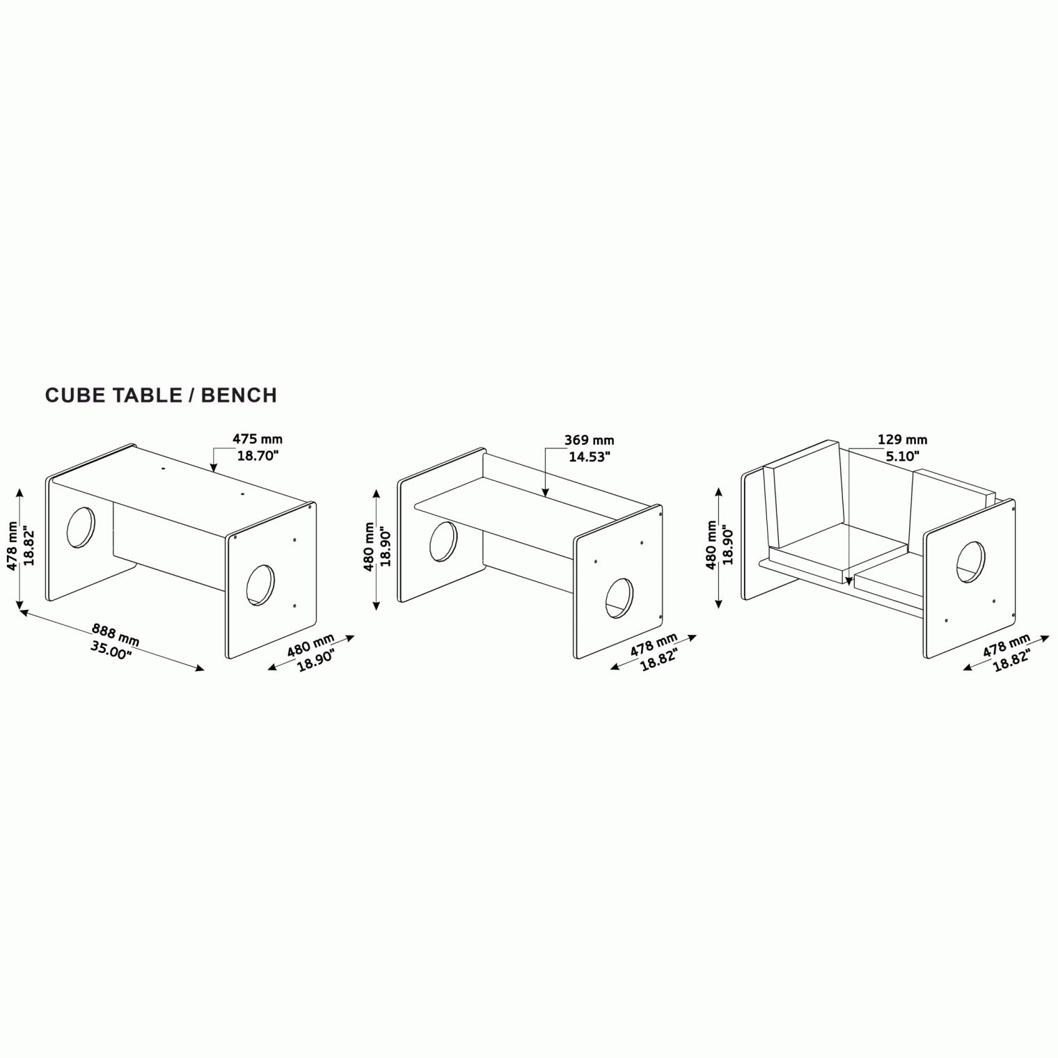 Montessori table Cube3 dimensions