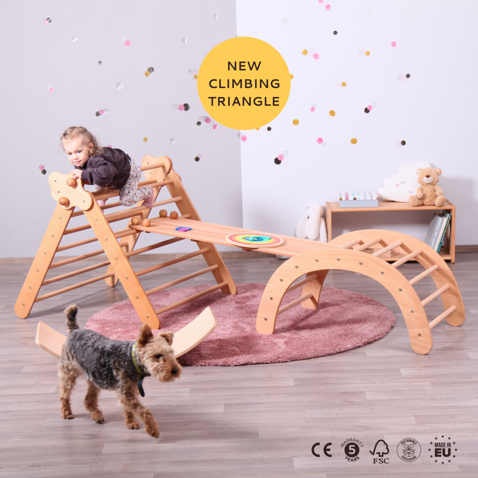 SET of 4: Big Climbing Triangle + Climbing/Sliding Ramp + Big Climbing Arch + Balance Board without Felt Strips