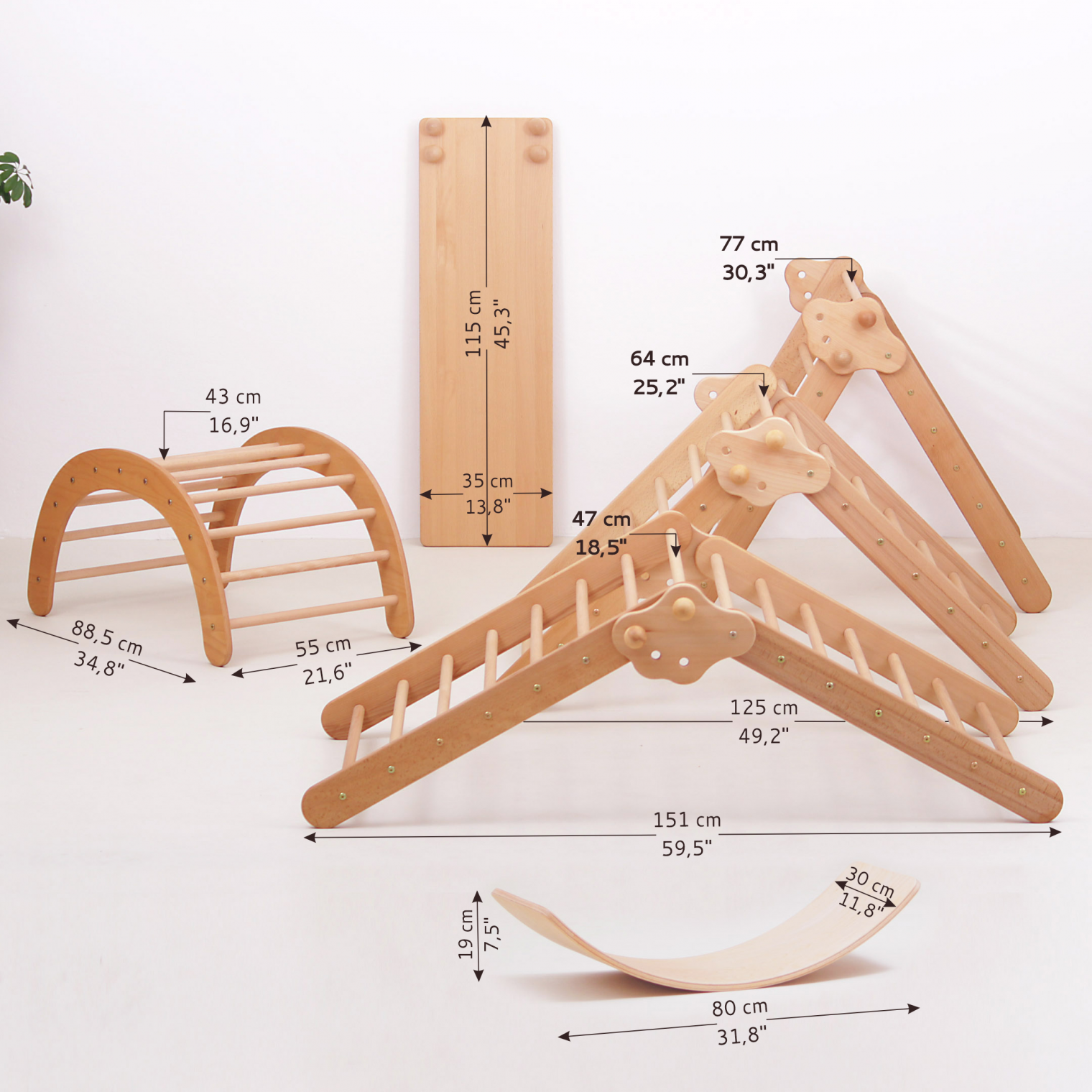 SET of 4: Big Climbing Triangle + Climbing/Sliding Ramp + Big Climbing Arch + Balance Board without Felt Strips - dimensions