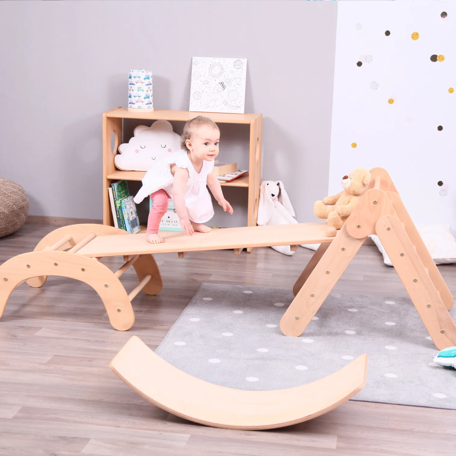 BABY SET of 4: Baby Climbing Triangle 2in1 + Ramp + Baby Climbing Arch + Balance Board