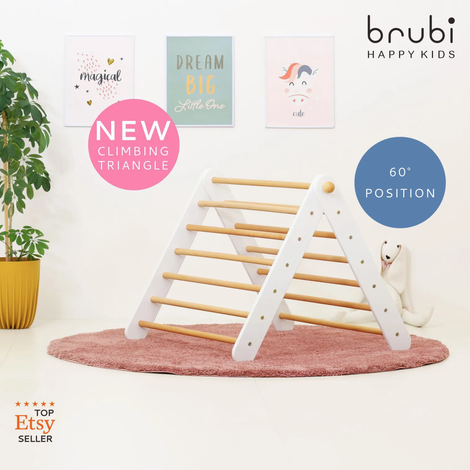 Toddler climbing on CLIMBIE Montessori wooden triangle in living room – indoor Pikler-style climbing frame