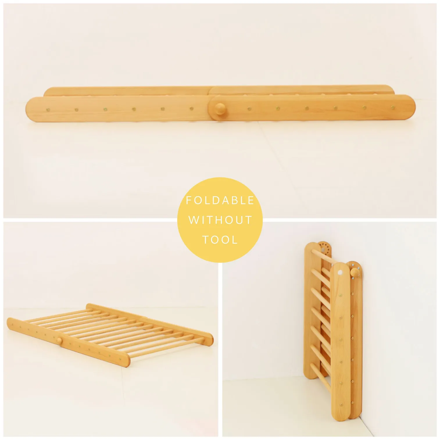 Foldable Montessori climbing triangle CLIMBIE stored flat against the wall – space-saving indoor play furniture