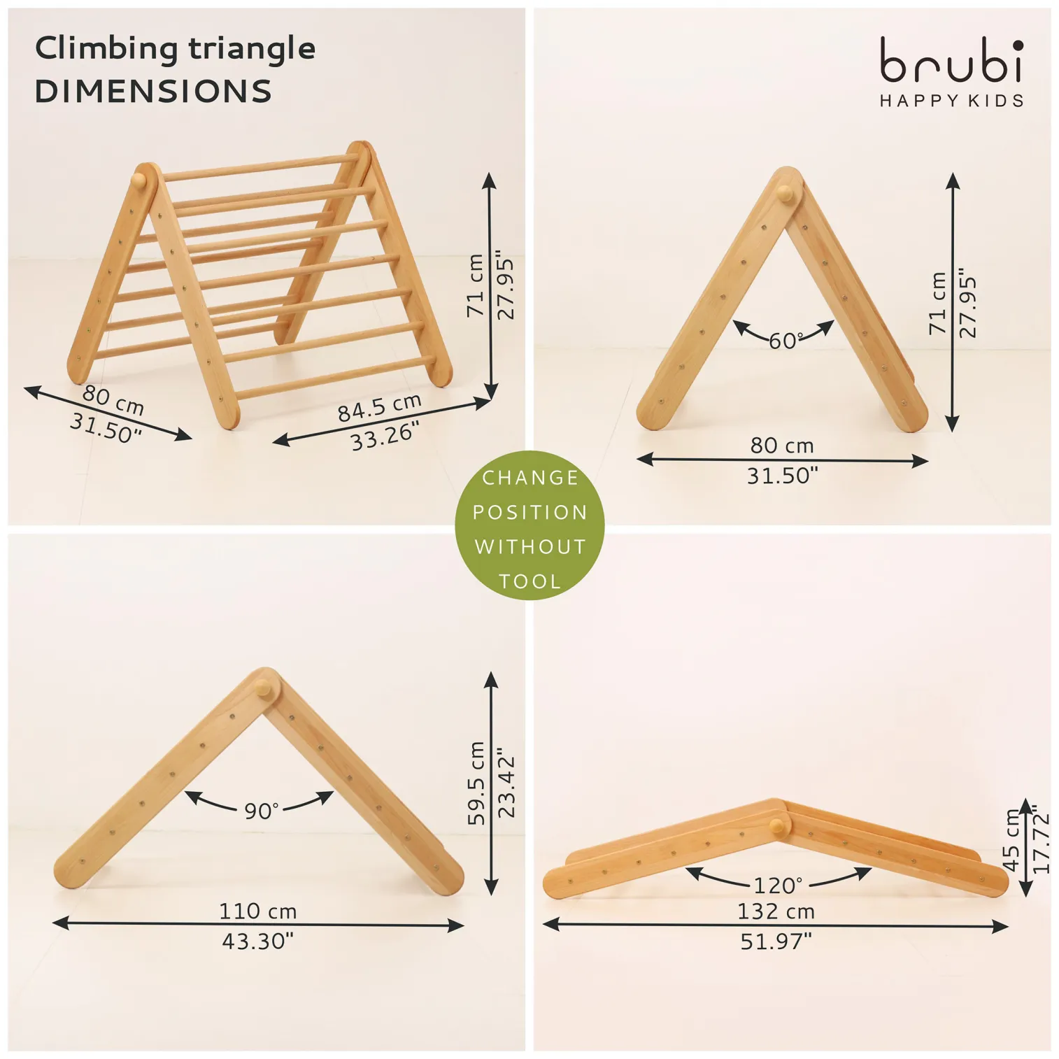 Side view of CLIMBIE big wooden climbing triangle showing 3 adjustable angles for different climbing levels