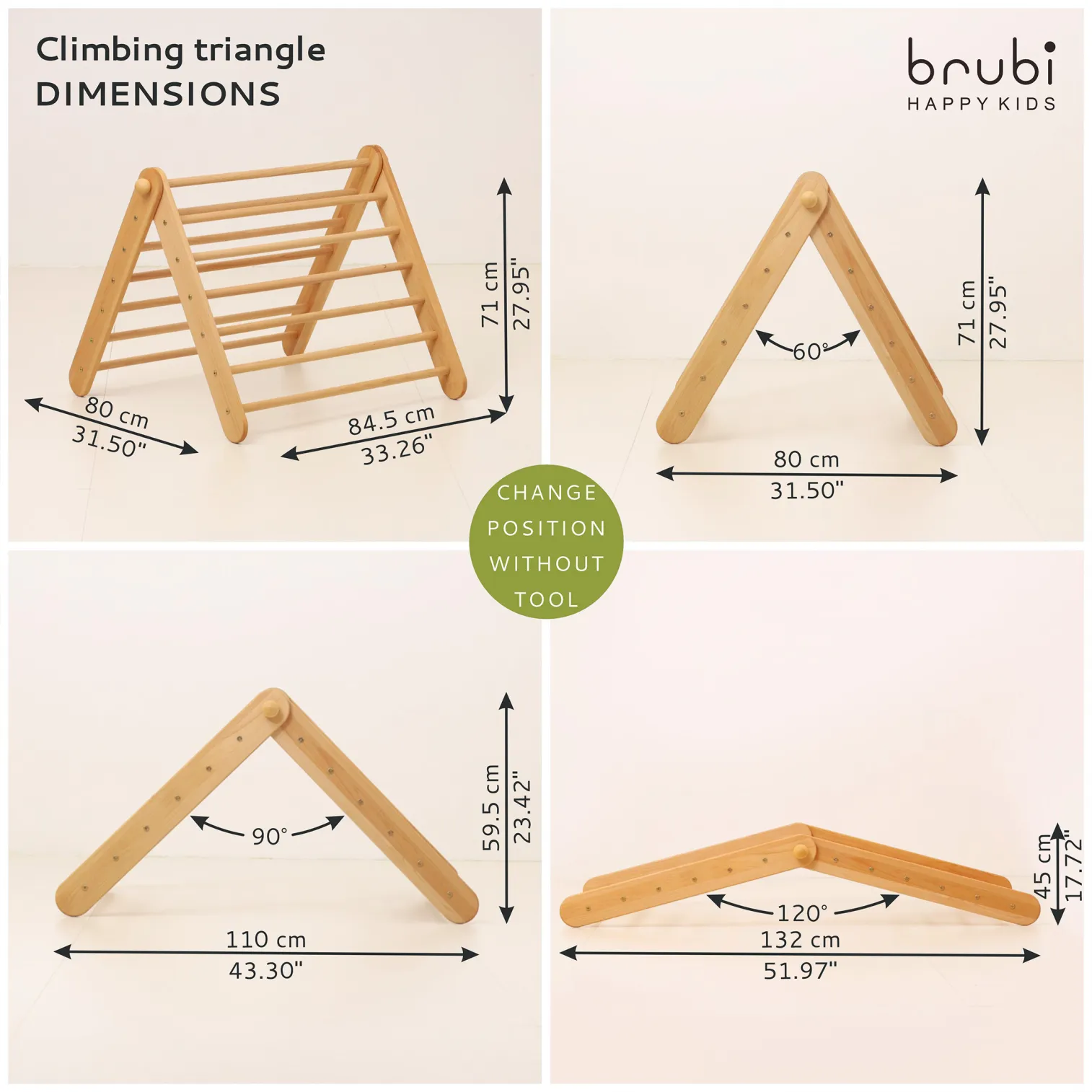 Side view of CLIMBIE big wooden climbing triangle with adjustable angles and wooden ramp