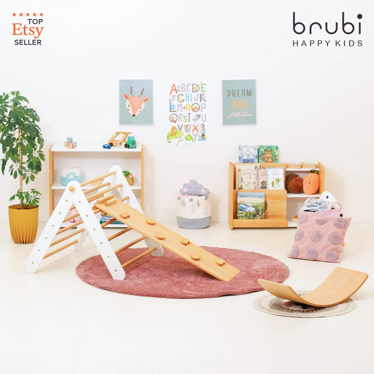 BIG set of 3 CLIMBIE Montessori wooden climbing triangle with ramp and balance board