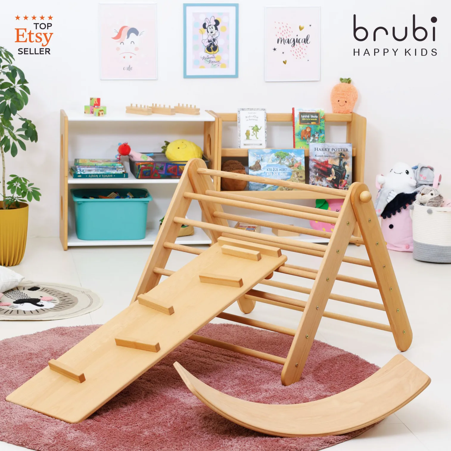 Montessori wooden climbing triangle with ramp and balance board as indoor play gym in kids room