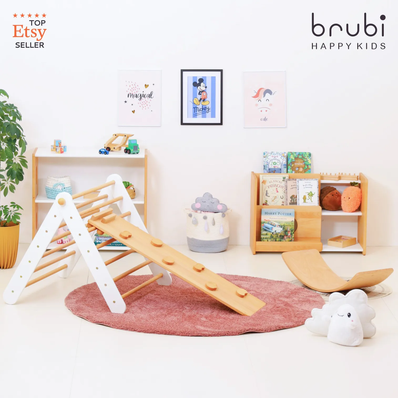 Montessori wooden climbing triangle with ramp and balance board as indoor play gym in kids room