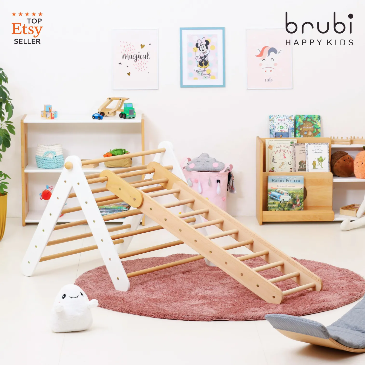 Toddler climbing on CLIMBIE big Montessori wooden climbing triangle with ladder in kids room