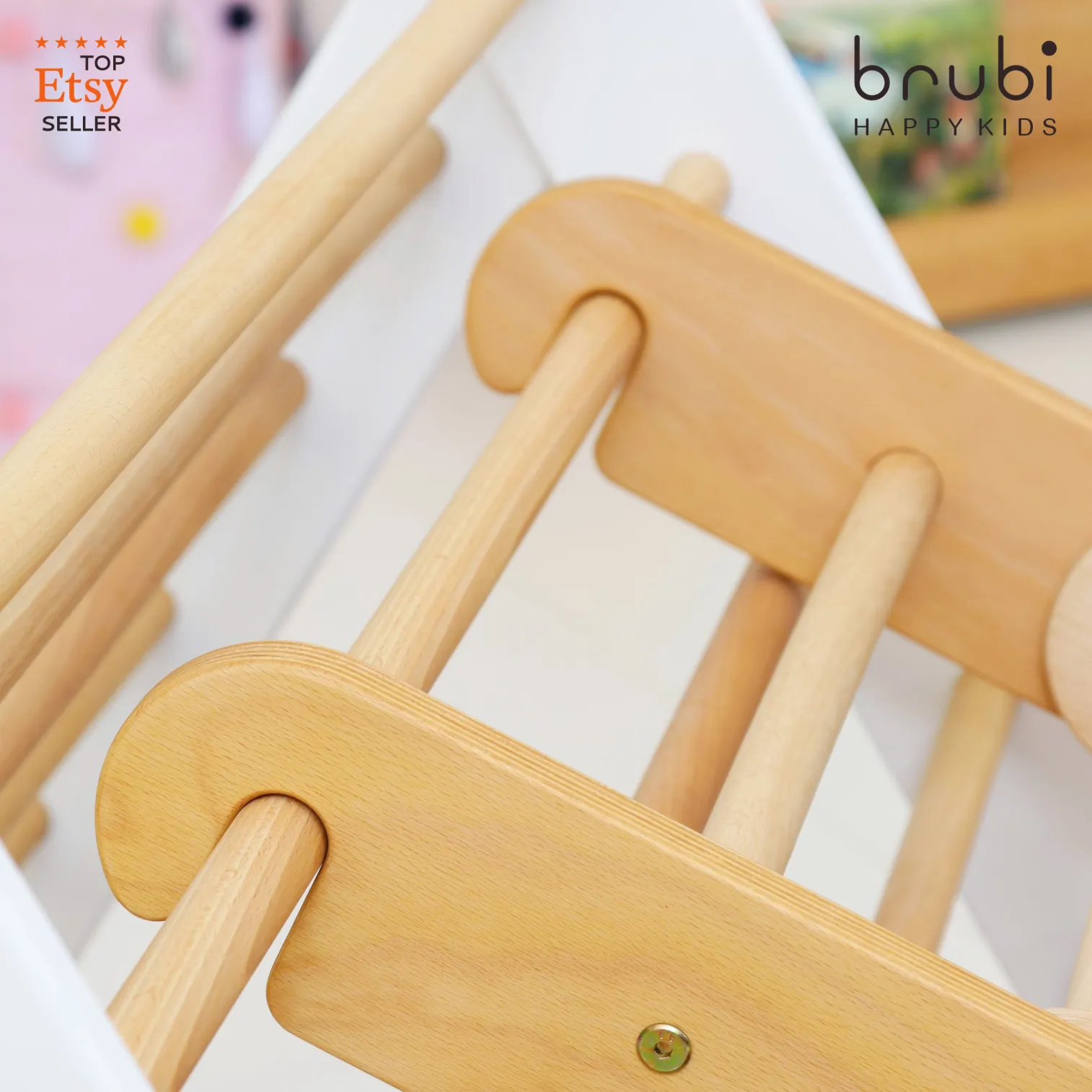 Sturdy construction and rounded corners on CLIMBIE wooden climbing frame for safe indoor play