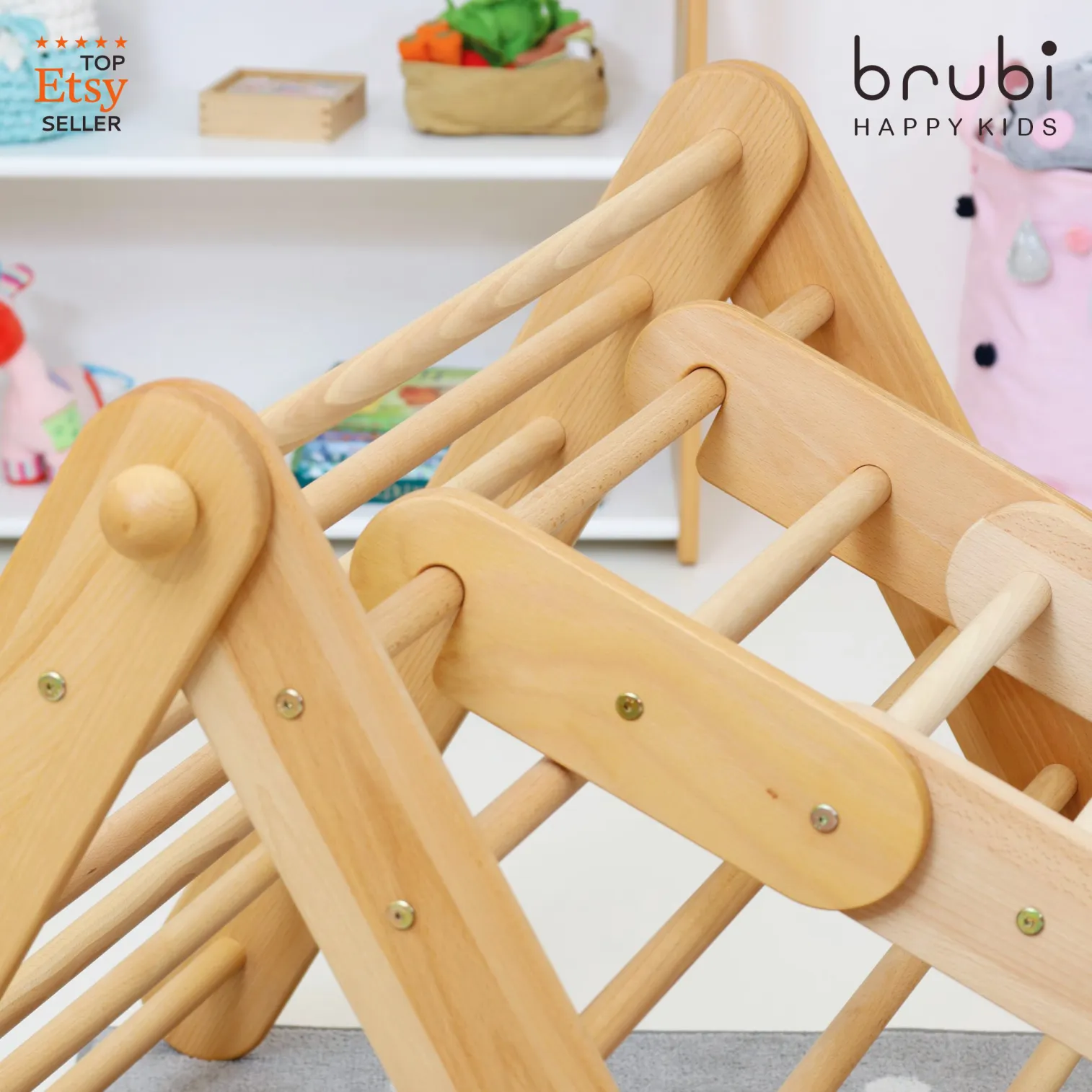 Sturdy construction and rounded corners on CLIMBIE wooden climbing frame for safe indoor play