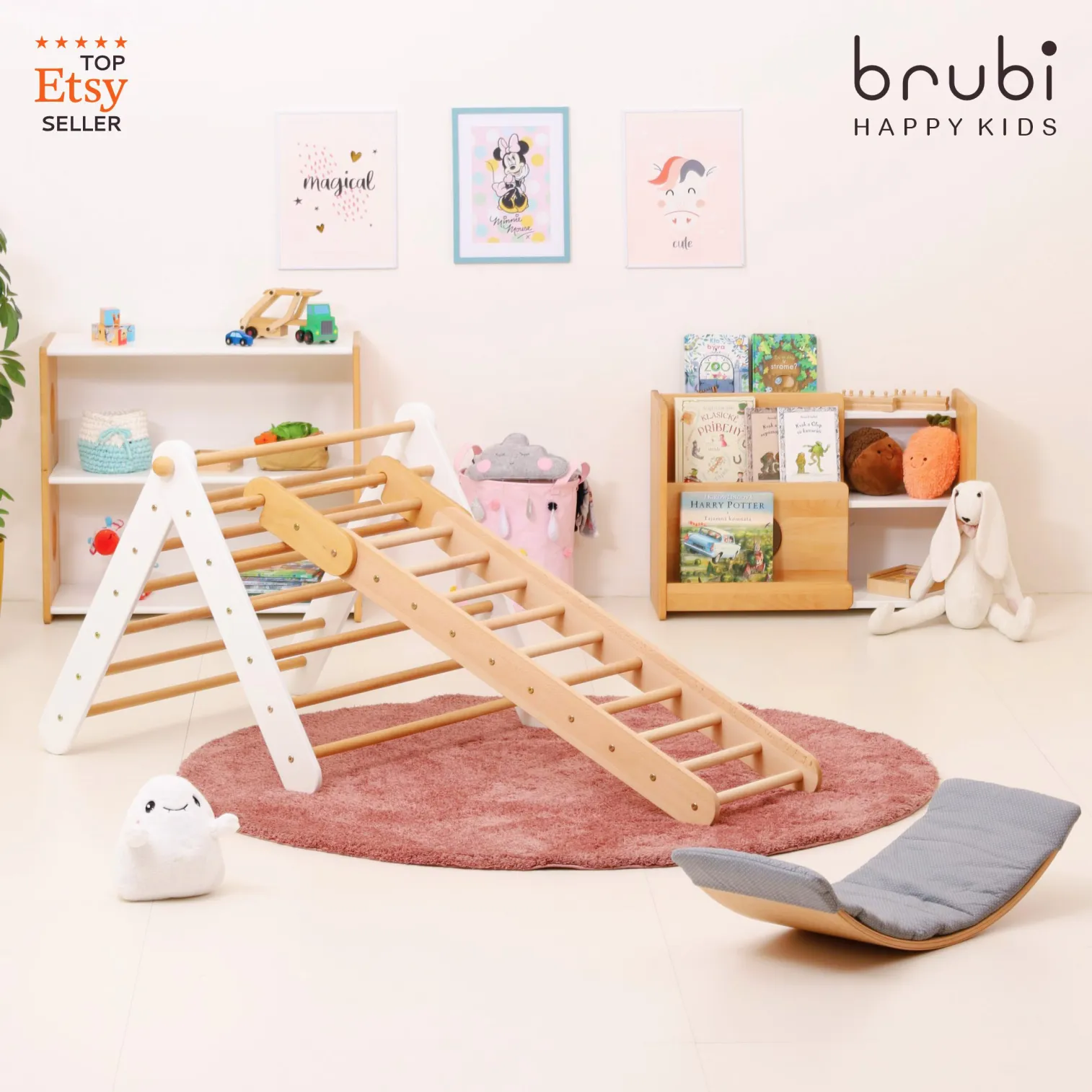 Montessori wooden climbing triangle with ladder as indoor play furniture in kids room