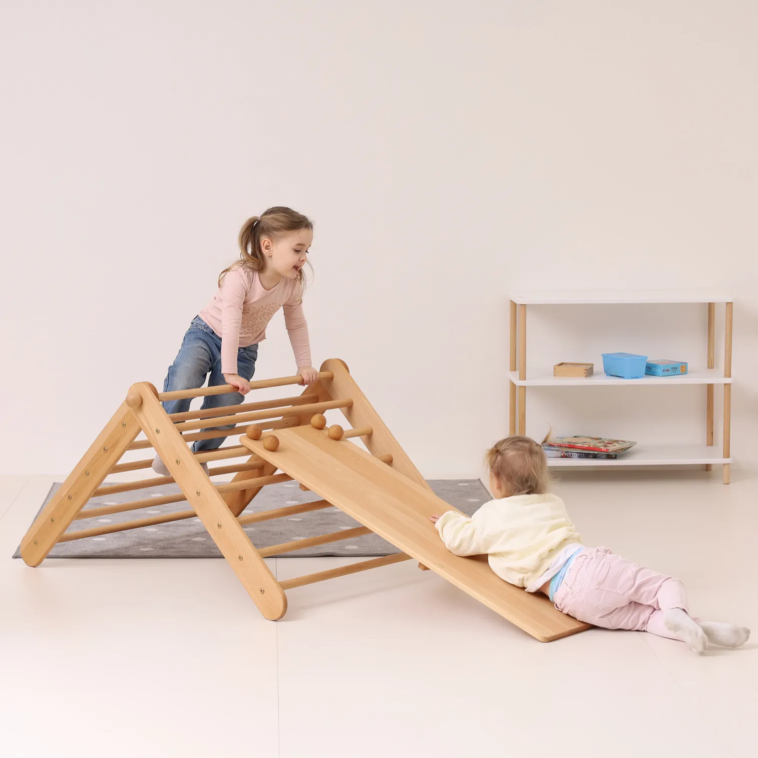 CLIMBIE big Montessori wooden climbing triangle with reversible ramp and slide made in EU