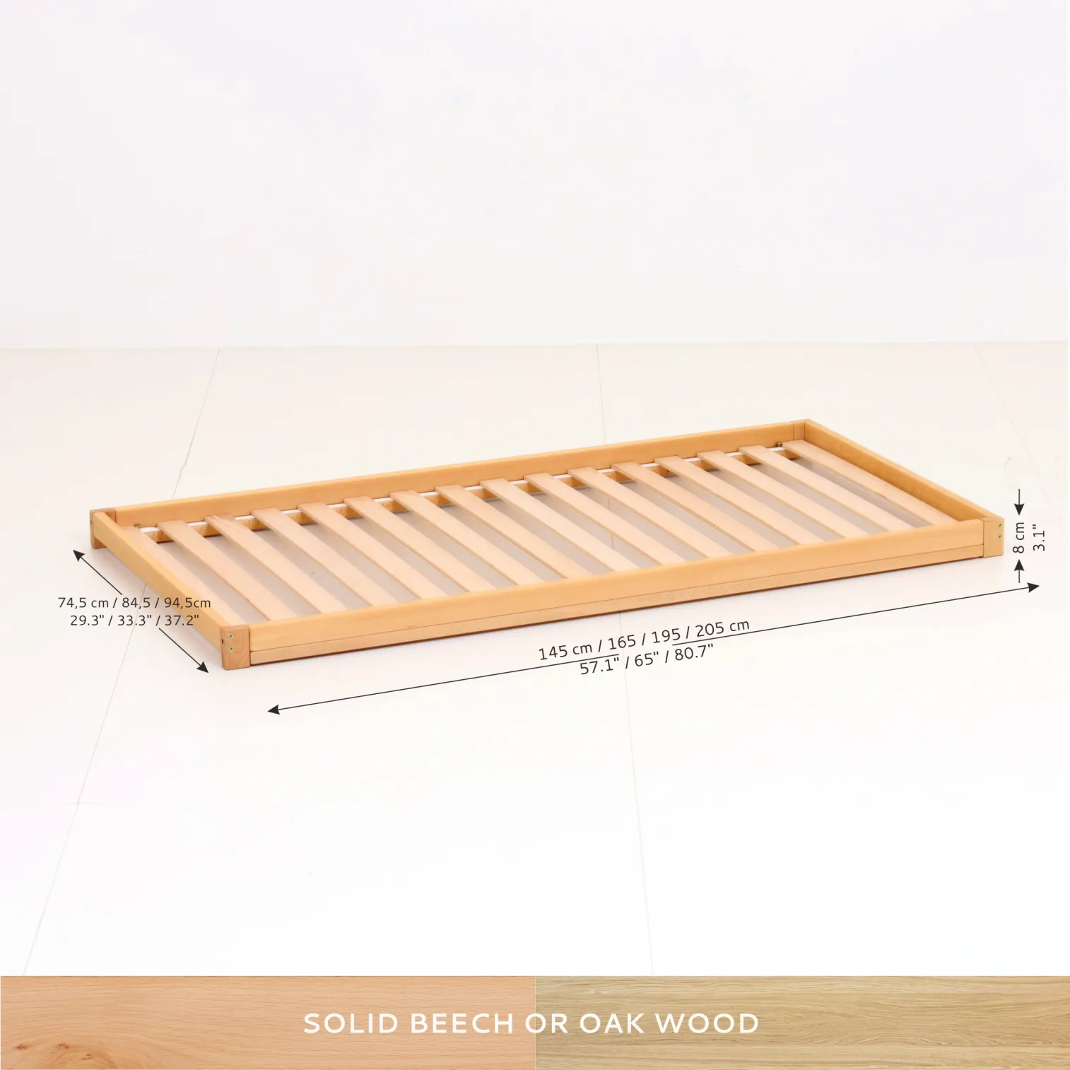 Size chart for FRAMEbed Montessori kids floor bed frame (outer dimensions)