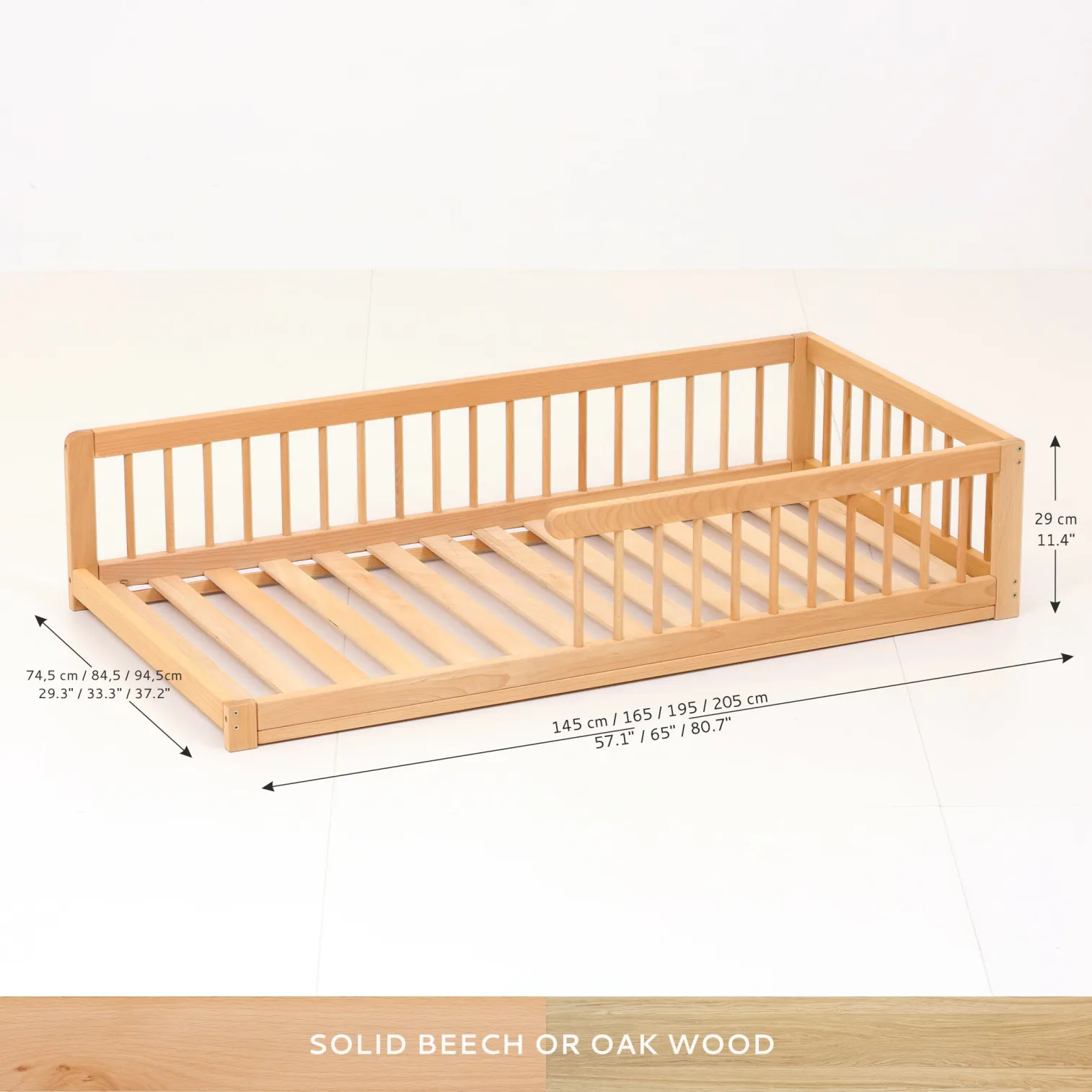 L-FLOORbed size chart with outer dimensions for 140×70, 140×80, 160×70 and 160×80 cm mattresses