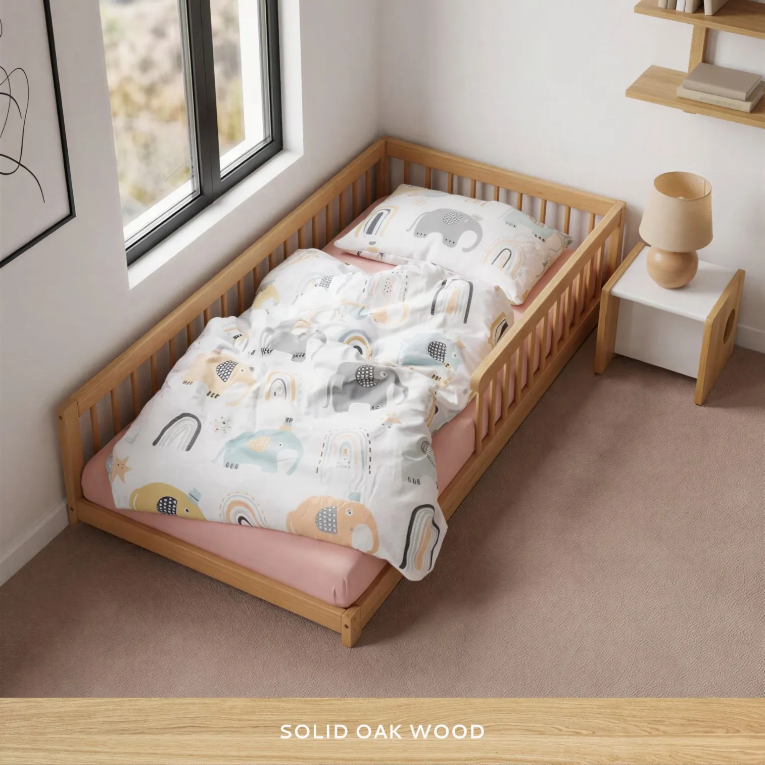 Montessori kids floor bed with protective head rail for a cosy and secure sleep space