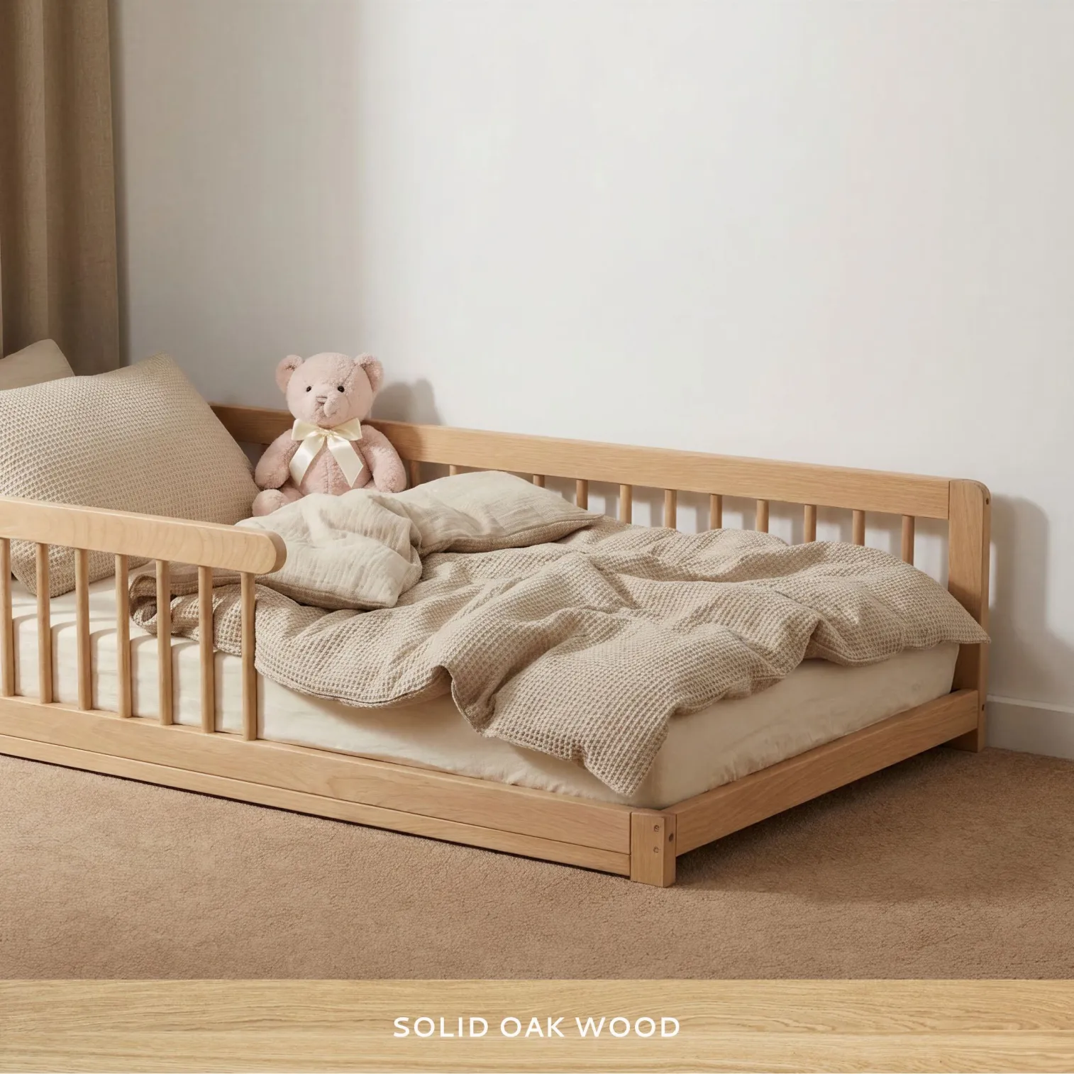 Solid FSC-certified oak wood detail on Montessori kids floor bed, smooth premium finish