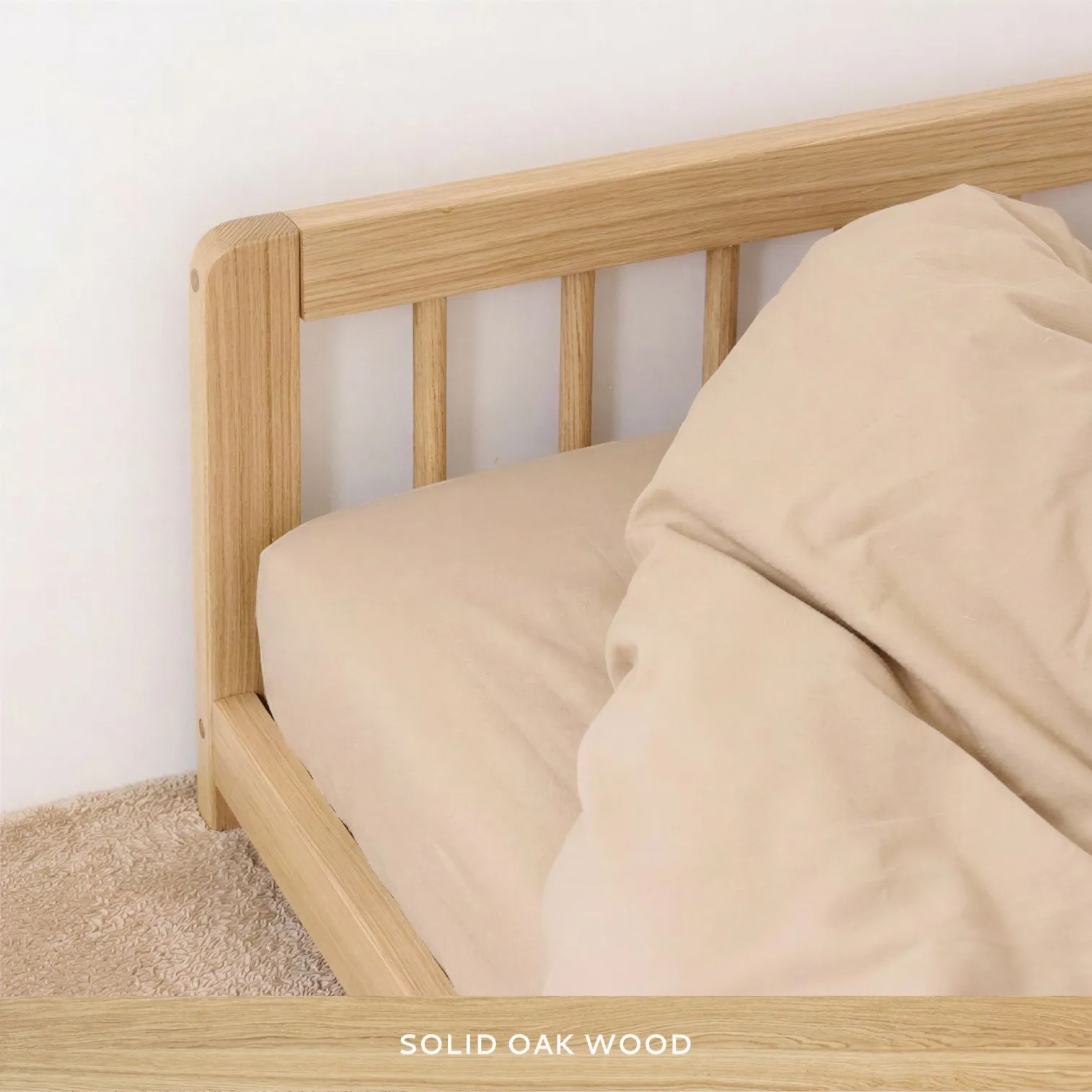Natural non-toxic oil finish on solid oak Montessori floor bed, child-safe surface
