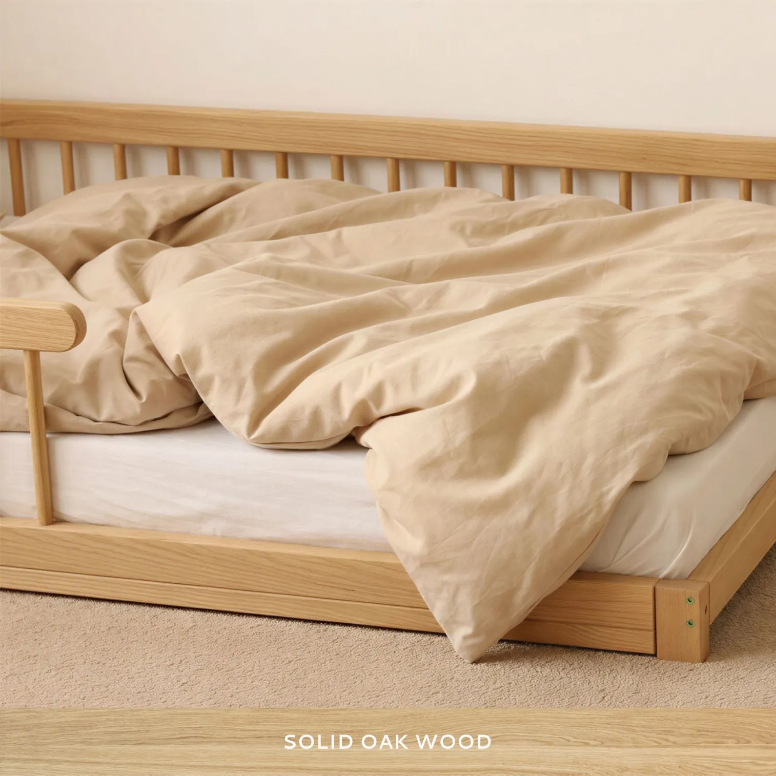 Solid FSC-certified oak wood detail on Montessori kids floor bed, smooth premium finish