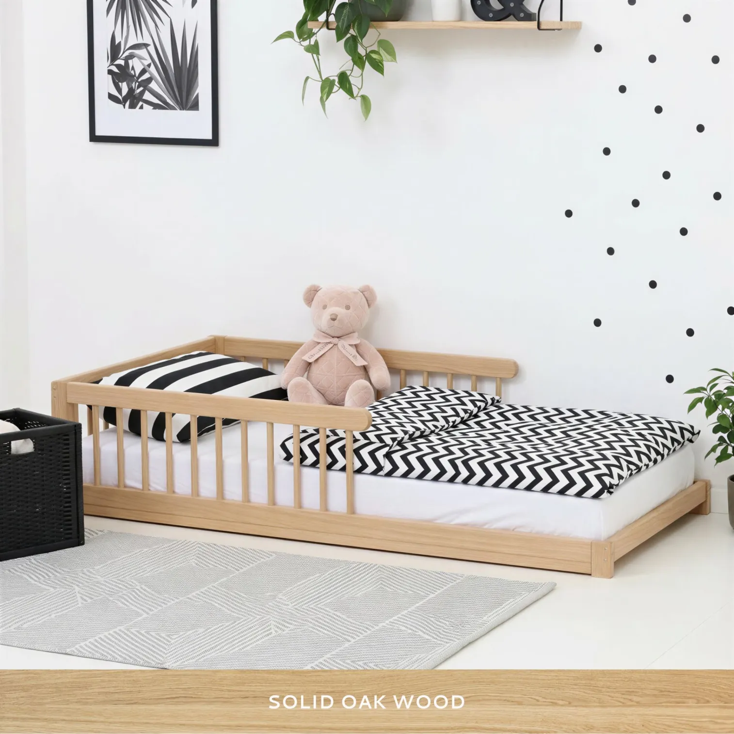 U-FLOORbed Montessori kids floor bed with rails and open foot end, solid oak wood