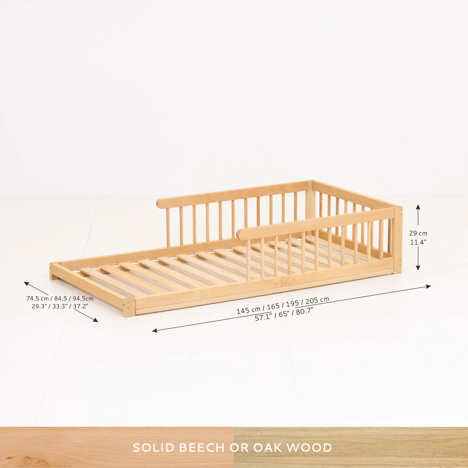 Size chart with outer dimensions for U-FLOORbed kids floor bed