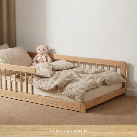 Solid FSC-certified oak wood detail on Montessori kids floor bed, smooth premium finish